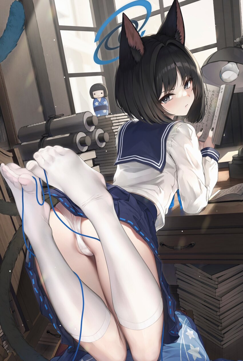 1girl absurdres animal_ear_fluff animal_ears ass black_eyes black_hair blue_archive blue_sailor_collar blue_skirt blush book book_stack cat_ears cat_girl cat_tail closed_mouth commentary_request from_behind hair_intakes highres holding holding_book hyouta_(yoneya) kikyou_(blue_archive) looking_at_viewer sailor_collar scroll short_hair skirt solo tail