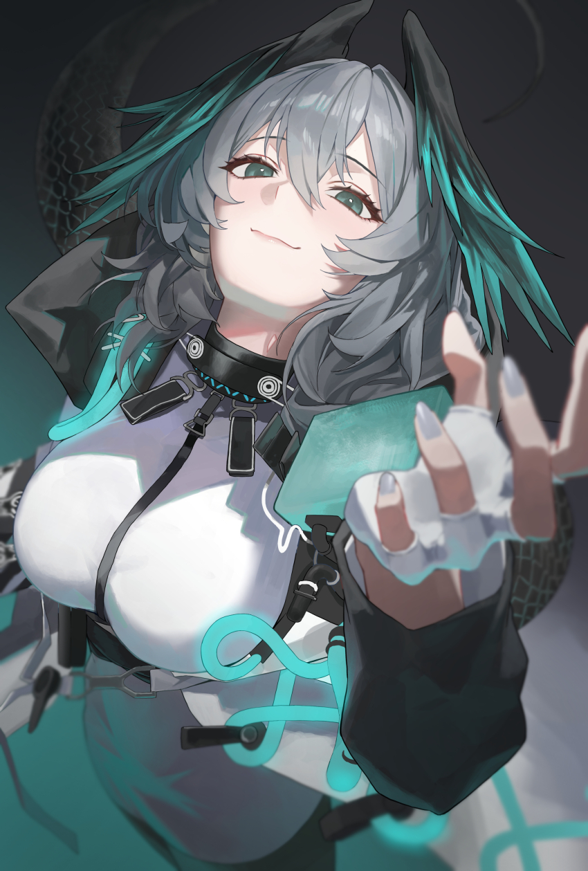 1girl absurdres arknights between_breasts blue_eyes breasts closed_mouth coat dress feathered_wings fingerless_gloves gloves grey_hair grey_nails hair_between_eyes hand_up head_wings highres ho&#039;olheyak_(arknights) infection_monitor_(arknights) jinsei_tsuraiman large_breasts light_smile long_sleeves long_tail looking_at_viewer medium_hair open_clothes open_coat snake_tail solo strap_between_breasts tail white_dress white_gloves wings