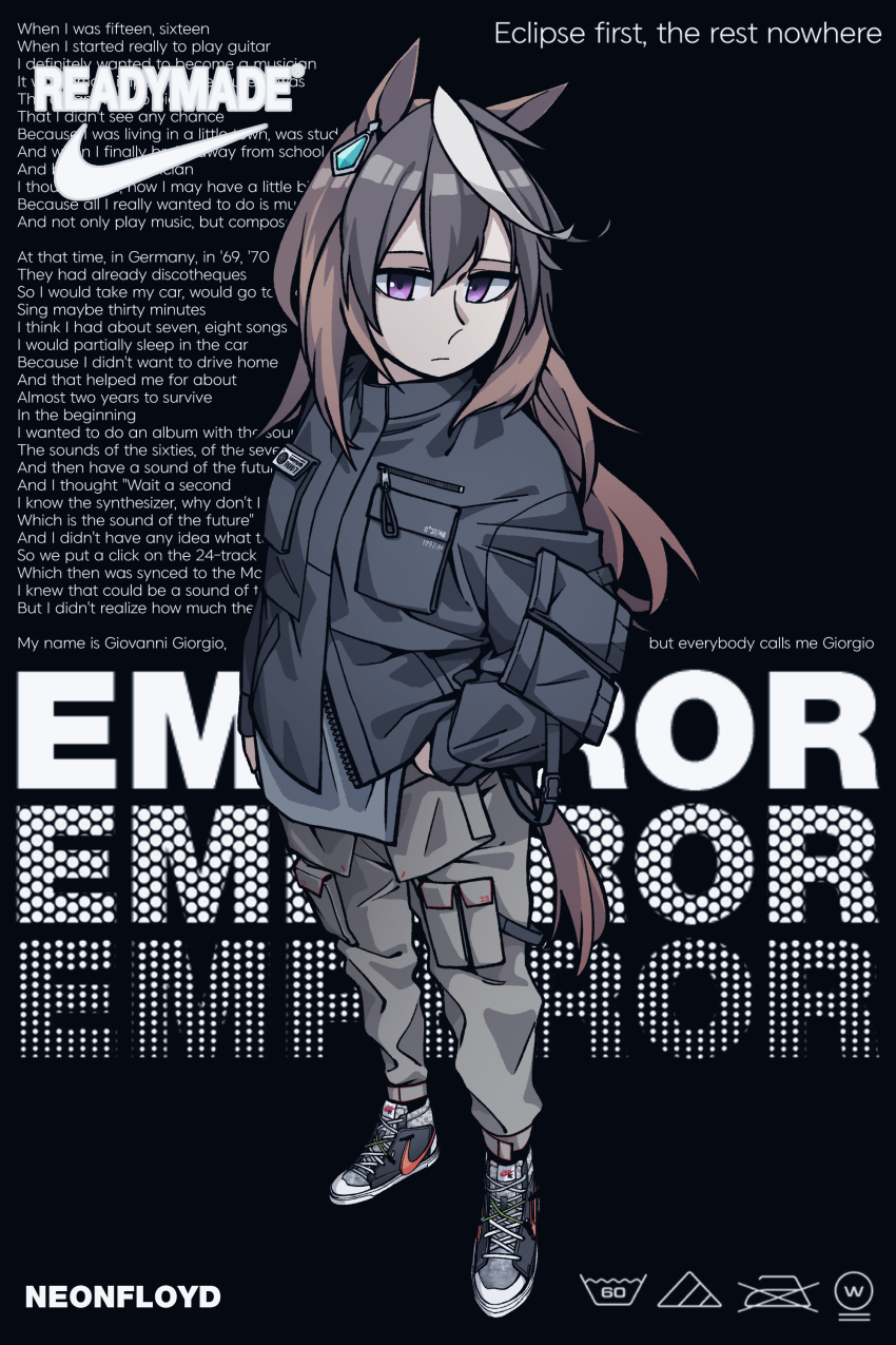 1girl absurdres ado_(utaite) alternate_costume animal_ears black_background black_hair brown_hair cargo_pants character_name clothes_iron commentary daft_punk earrings english_commentary english_text highres horse_ears horse_girl horse_tail jewelry long_hair multicolored_hair neonfloyd nike_(company) pants parka purple_eyes readymade_(ado) shoes signature single_earring sneakers solo symboli_rudolf_(umamusume) tail text_focus umamusume white_hair