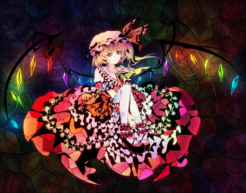 1girl ankle_cuffs bad_id bad_pixiv_id blonde_hair dress embodiment_of_scarlet_devil eyelashes fang female_focus flandre_scarlet frills gathers glowing glowing_wings icc looking_at_viewer nail_polish pantyhose red_eyes short_hair side_ponytail sitting smirk solo stained_glass touhou white_pantyhose wings