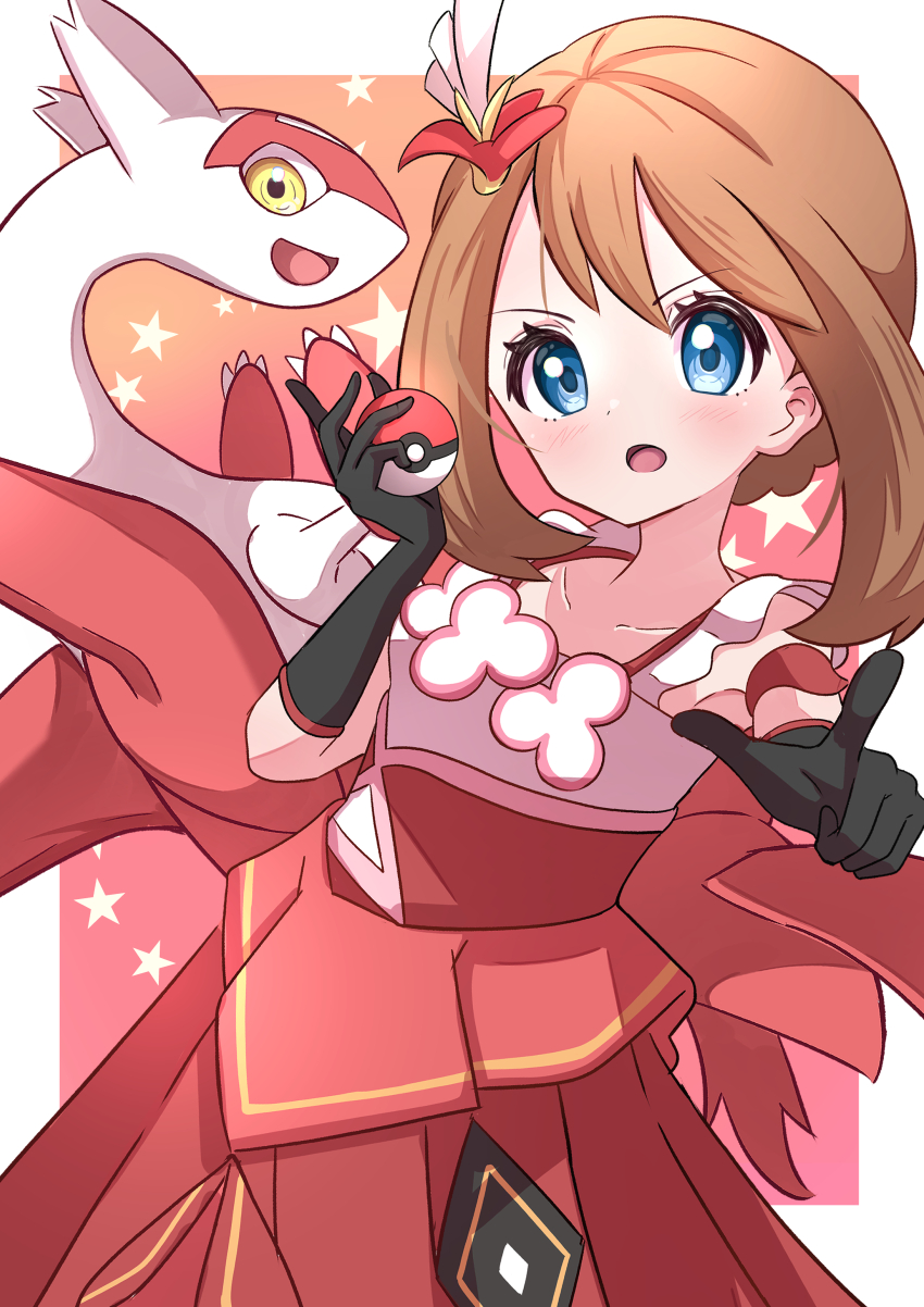 1girl :o absurdres black_gloves blue_eyes brown_hair dress eyelashes gen_3_pokemon gloves highres holding holding_poke_ball latias legendary_pokemon looking_at_viewer may_(anniversary_2022)_(pokemon) may_(pokemon) nintendo official_alternate_costume open_mouth poke_ball poke_ball_(basic) pokemon pokemon_(creature) pokemon_masters_ex red_dress rono_(lethys) short_hair