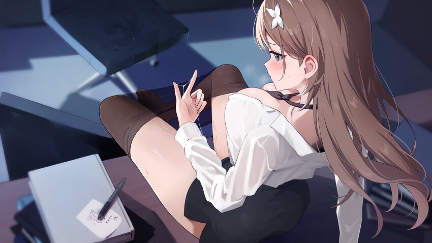1girl absurdres aogiri_koukou black_necktie black_pantyhose black_skirt blush breasts brown_eyes brown_hair commentary_request from_behind hair_ornament highres implied_after_masturbation indoors kkix25 kurikoma_komaru large_breasts long_hair long_sleeves looking_at_hand necktie pantyhose pantyhose_around_legs pencil_skirt pussy_juice shirt sitting sitting_on_table skirt solo suggestive_fluid virtual_youtuber white_shirt