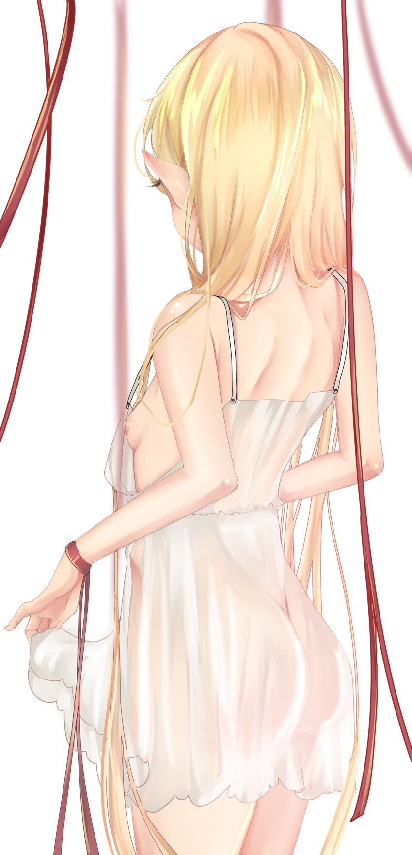 1girl ass back bare_legs bare_shoulders blonde_hair breasts clothes_lift cowboy_shot dress dress_lift eyelashes female_focus from_behind hair_ribbon lifting_own_clothes loli long_hair meemz_a monogatari_(series) nipples no_bra no_panties oshino_shinobu pointy_ears red_ribbon ribbon simple_background small_breasts solo standing transparent vampire white_background white_dress