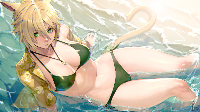 1girl absurdres animal_ears bikini blonde_hair breasts cat_ears cat_girl cat_tail final_fantasy final_fantasy_xiv green_eyes highres jewelry kyo_(kuroichigo) looking_at_viewer midriff navel necklace open_clothes open_shirt short_sleeves solo swimsuit tail