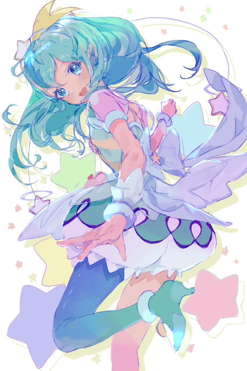 1girl :d absurdres alien anklet antennae aqua_eyes aqua_hair aqua_leotard aqua_shorts asymmetrical_clothes boots cure_milky drop_shadow floating_hair gradient_legwear hagoromo_lala hair_ornament high_heels highres jewelry leotard looking_at_viewer magical_girl medium_hair open_mouth precure puffy_short_sleeves puffy_shorts puffy_sleeves see-through_clothes see-through_skirt see-through_sleeves seika_(yuimarutoka0219) shooting_star_hair_ornament short_shorts short_sleeves shorts simple_background single_pantsleg sketch skirt smile solo star_(symbol) star_hair_ornament star_twinkle_precure white_background wrist_cuffs
