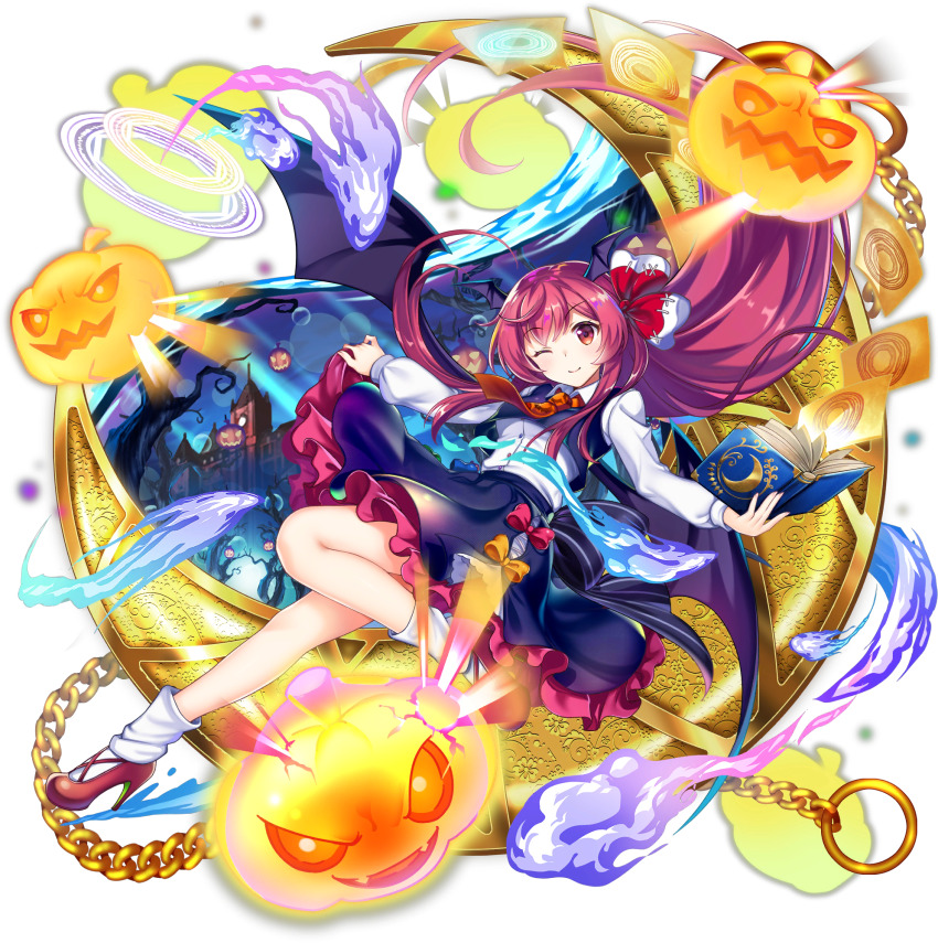 1girl ;) ascot bare_tree black_skirt black_vest book chain collared_shirt cosplay crescent demon_wings frilled_skirt frills full_body game_cg hair_ribbon halloween halloween_costume head_wings high_heels highres holding holding_book jack-o&#039;-lantern koakuma koakuma_(descendant_of_darkness) long_hair long_sleeves looking_at_viewer magic magic_circle multiple_wings necktie official_art one_eye_closed open_book outdoors red_ascot red_hair red_necktie red_ribbon red_shoes ribbon rotte_(1109) rumia rumia_(cosplay) scarlet_devil_mansion shirt shoes skirt skirt_hold smile socks solo third-party_source touhou touhou_lostword transparent_background tree vest white_shirt white_socks wings