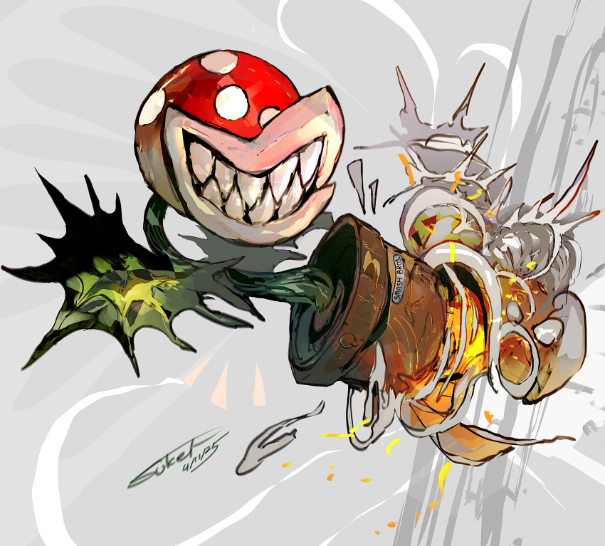 absurdres commentary_request dynamic_pose fire grey_background highres leaf mario_(series) nintendo no_humans piranha_plant plant potted_plant sharp_teeth smoke soil sukepmonster super_smash_bros. teeth