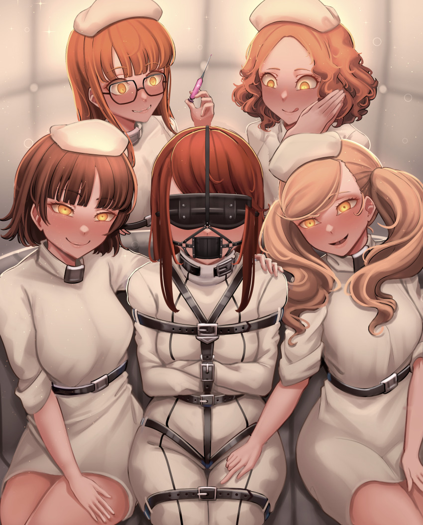 5girls absurdres blindfold blonde_hair blush bodysuit bound bound_arms bound_legs brown_hair dankestofdans gag gag_harness gagged hat highres holding holding_syringe licking_lips looking_at_viewer multiple_girls niijima_makoto nurse nurse_cap okumura_haru orange_hair padded_walls panel_gag persona persona_5 sakura_futaba shadow_(persona) smile straitjacket syringe takamaki_anne tongue tongue_out twintails variant_set white_bodysuit yellow_eyes yoshizawa_kasumi yuri