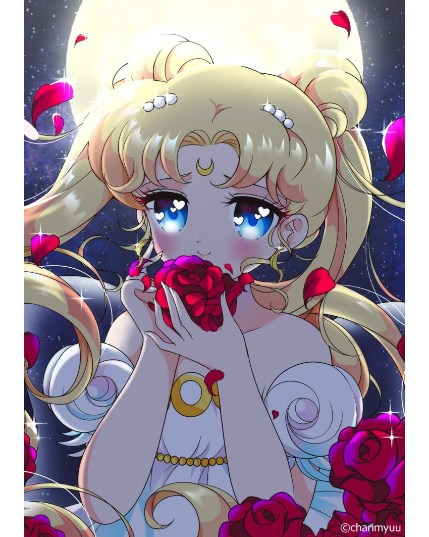 1girl bad_id bad_twitter_id bare_arms bare_shoulders beads bishoujo_senshi_sailor_moon blonde_hair blue_eyes border clip_studio_paint_(medium) closed_mouth collarbone commentary crescent crescent_facial_mark detached_sleeves dot_nose double_bun dress earrings english_commentary eyelashes facial_mark feather-trimmed_dress fingernails floating_hair flower forehead_mark full_moon hair_beads hair_bun hair_ornament happy heart heart_in_eye highres holding holding_flower honeymoonpetal jewelry light_blush lipstick long_hair makeup moon night night_sky outdoors parted_bangs petals pillarboxed pink_lips princess_serenity puffy_short_sleeves puffy_sleeves red_flower red_rose rose rose_petals short_sleeves sky smile solo sparkle star_(sky) starry_sky strapless strapless_dress stud_earrings symbol_in_eye tsukino_usagi twintails upper_body very_long_hair white_border white_dress white_sleeves