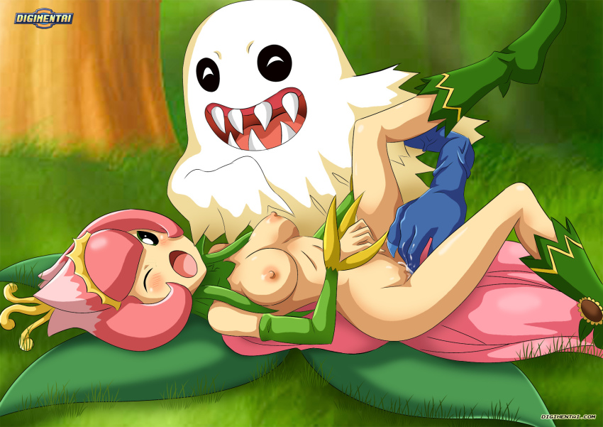 1boy 1girl bakemon digimon digimon_(creature) fairy flower highres lilimon lilimon_x-antibody monster_girl petals plant_girl