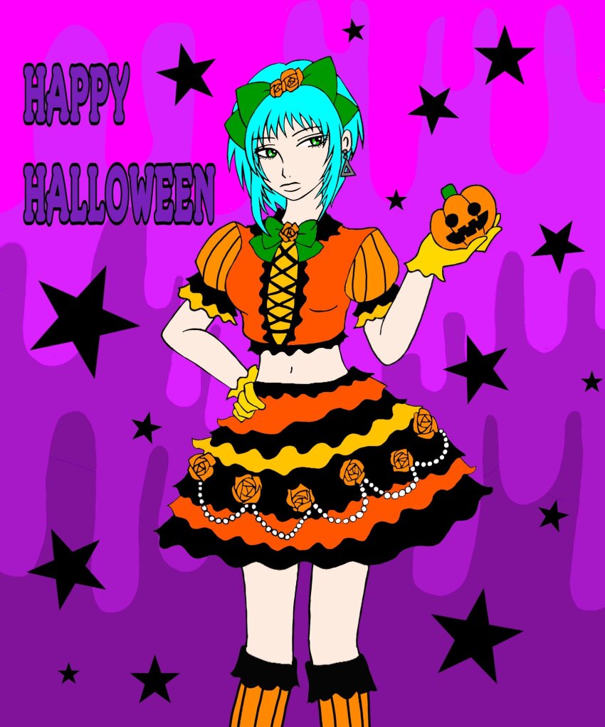 1girl blue_hair breasts dress earrings female_focus flower gloves green_eyes halloween halloween_costume highres jewelry leona_heidern long_hair medium_breasts pale_skin pumpkin skirt socks standing star_(symbol) the_king_of_fighters yukari_nesan