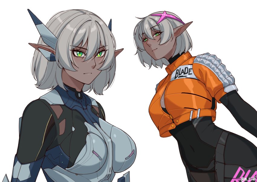 1girl absurdres alternate_costume armor breastplate breasts closed_mouth commentary covered_navel cropped_jacket dark-skinned_female dark_elf dark_skin elf english_commentary english_text green_eyes grey_hair hair_between_eyes hair_ornament highres jacket looking_at_viewer mawaridi medium_breasts orange_jacket original pointy_ears short_hair simple_background smile twitter_username white_background xenoblade_chronicles_(series) xenoblade_chronicles_x yvonne_(mawaridi)