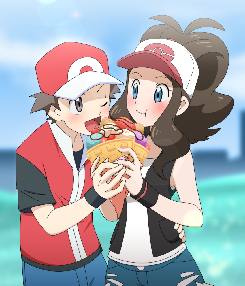 1boy 1girl absurdres baseball_cap blue_eyes blush brown_eyes eating eyelashes food hat hetero highres hilda_(pokemon) ice_cream ice_cream_cone nintendo one_eye_closed pok3d pokemon pokemon_bw pokemon_frlg ponytail red_(pokemon) sharing_food shorts vest wink