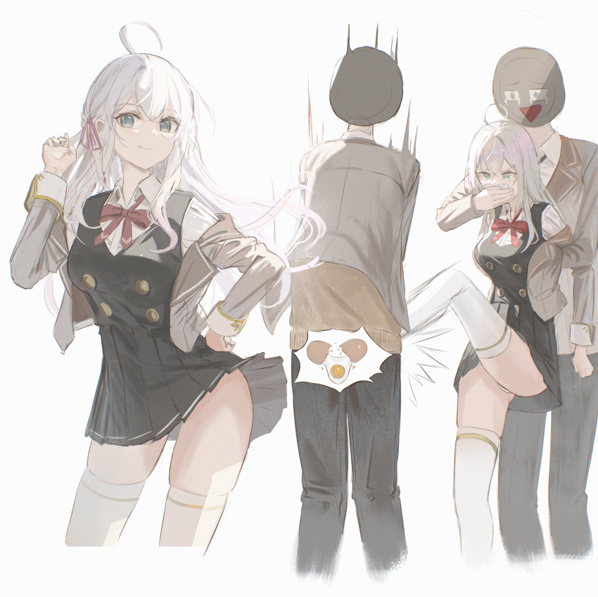 1girl 2boys absurdres alisa_mikhailovna_kujou arms_behind_back broken_egg cailin020 chloroform closed_mouth covering_another&#039;s_mouth crotch_kick egg egg_yolk gagged grabbing_from_behind hand_gagged hand_over_another&#039;s_mouth highres kicking multiple_boys school_uniform shirt struggling tokidoki_bosotto_roshia-go_de_dereru_tonari_no_alya-san white_background white_hair white_shirt