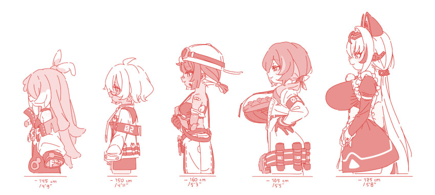 5girls breasts crop_top dress glasses gloves height_chart height_difference helmet highres large_breasts long_hair measurements multiple_girls pants paripariarts ponytail