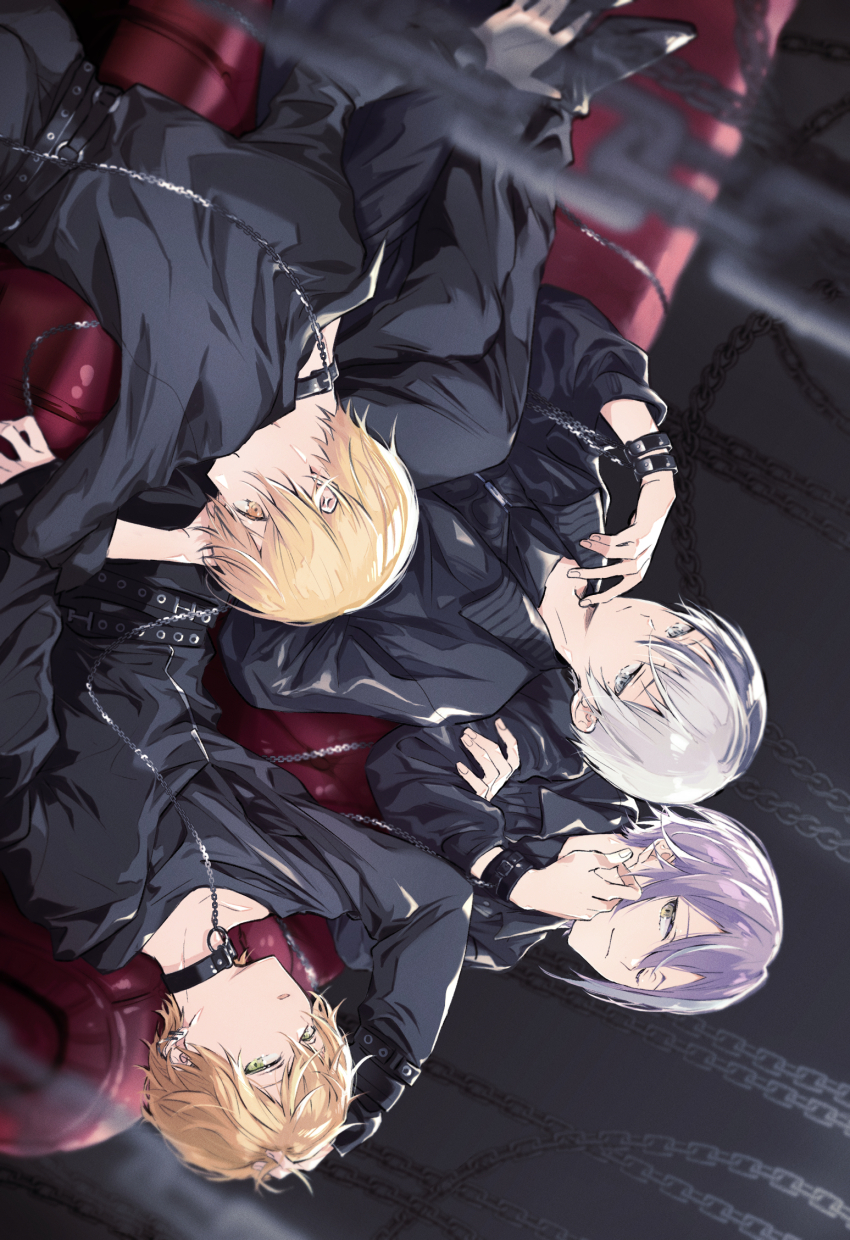4boys alternate_costume aoyagi_touya aqua_hair black_shirt blonde_hair choker closed_mouth commentary_request dark_blue_moon fingernails green_eyes grey_eyes hair_between_eyes highres ifuudoudou_(vocaloid) kamishiro_rui kuuu_ilst leash long_sleeves looking_at_viewer male_focus multicolored_hair multiple_boys one_eye_closed orange_eyes orange_hair partial_commentary project_sekai purple_hair shinonome_akito shirt short_hair sideways_glance split-color_hair streaked_hair tenma_tsukasa three-quarter_sleeves two-tone_hair yellow_eyes
