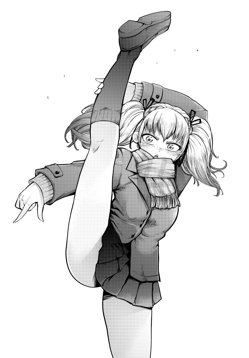 1girl absurdres blush chestnut_mouth greyscale hair_ribbon highres holding_own_leg jacket kinugosiko kneehighs loafers long_hair looking_at_viewer monochrome open_mouth original pleated_skirt pointing ribbon scarf shoes simple_background skirt socks solo split standing standing_on_one_leg standing_split twintails v-shaped_eyebrows white_background
