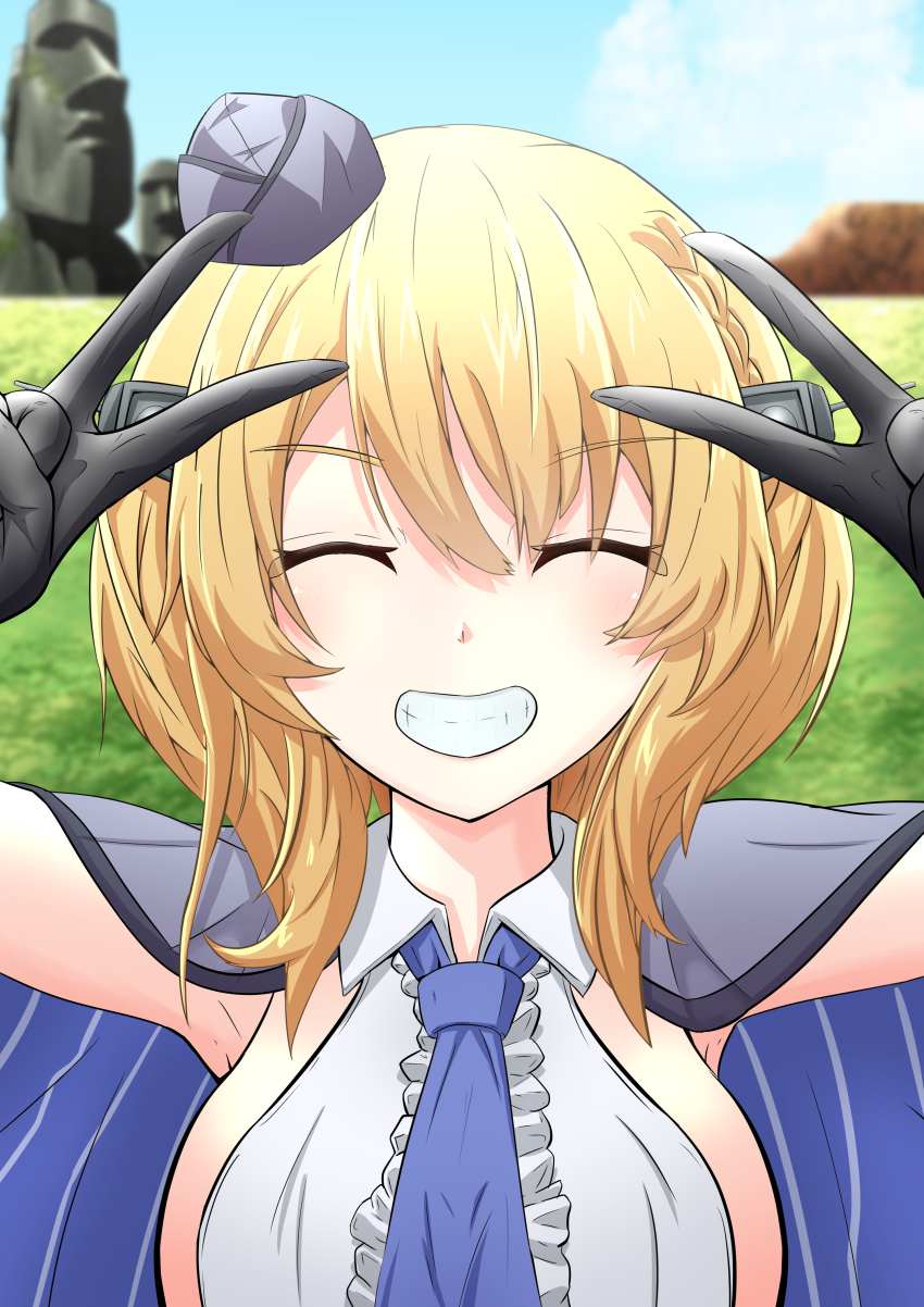 1girl absurdres black_gloves blonde_hair blue_eyes blue_necktie blue_sky braid breasts capelet closed_eyes cloud colorado_(kancolle) commentary_request day double_v easter_island elbow_gloves facing_viewer female_focus garrison_cap gloves grey_hat grin hat headgear highres kantai_collection large_breasts manjukannon medium_breasts moai necktie outdoors shirt short_hair side_braids sideboob sky sleeveless smile solo upper_body v white_shirt