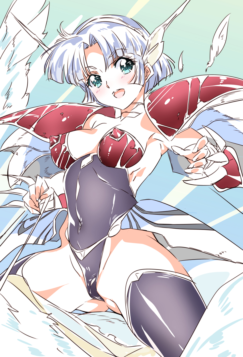 1girl absurdres armor breasts covered_erect_nipples gluteal_fold green_eyes grey_hair highleg highleg_leotard highres langrisser langrisser_ii leotard looking_at_viewer niko_(tama) open_mouth pauldrons sherry_(langrisser) short_hair shoulder_armor smile solo thighhighs thong_leotard