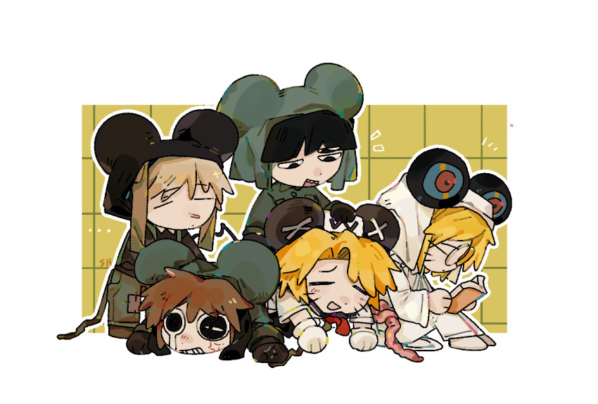 5boys black_hair blonde_hair book brown_hair chibi chinese_commentary commentary_request extra_eyes grid_background hat holding holding_book kinder_surprised_michael_jr. lying_on_person male_focus military_uniform mouse_boy mouse_hat mouse_tail multiple_boys present_day_problem_takeuchi_robert randal&#039;s_friends ratman_3_(randal&#039;s_friends) ratman_4_(randal&#039;s_friends) ratman_5_(randal&#039;s_friends) reading sailor sailor_hat shan_hou short_hair tail teardrop whiskers yellow_background