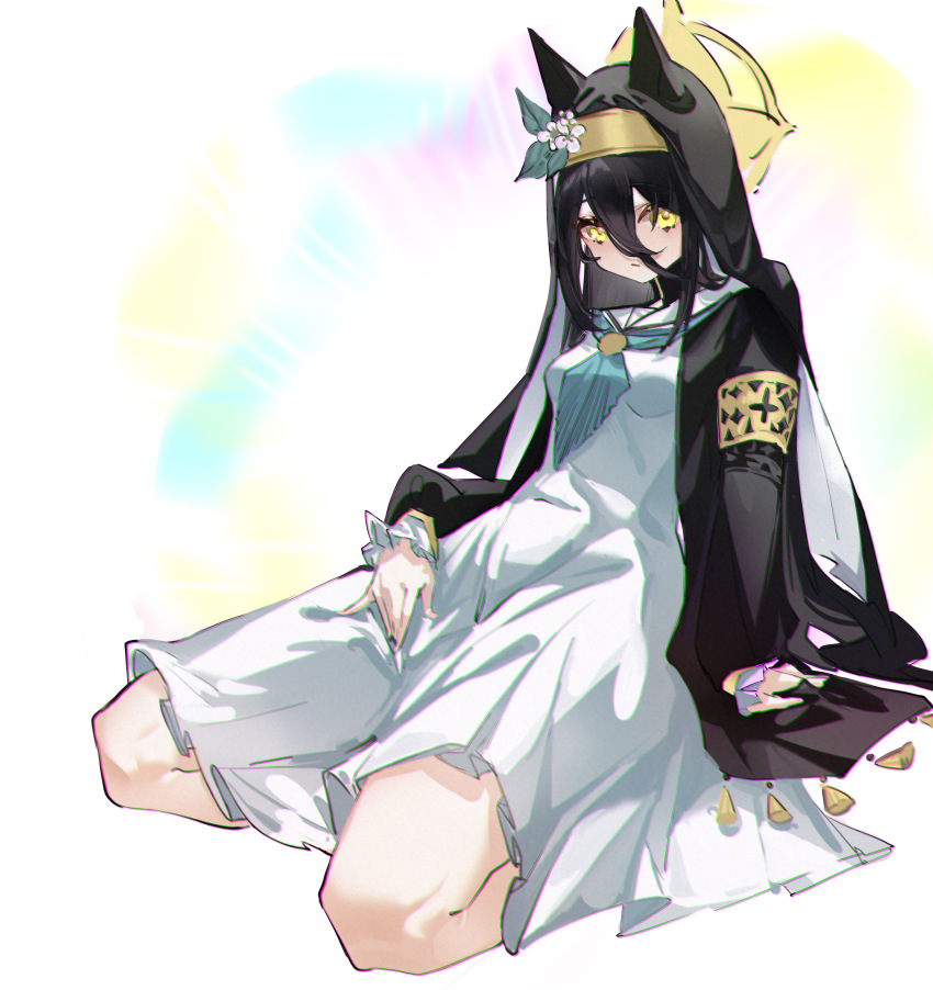 1girl absurdres animal_ear_headwear arm_support aurora black_hair black_jacket blackmud11 blue_archive blue_neckerchief breasts chromatic_aberration cosplay covered_navel dress expressionless fake_animal_ears flower frilled_sleeves frills habit hair_between_eyes halo hand_on_own_thigh hat hat_flower highres horse_girl jacket leaning_back light_blush long_bangs long_hair looking_at_viewer manhattan_cafe_(umamusume) mari_(blue_archive) mari_(blue_archive)_(cosplay) medium_breasts navel neckerchief nun on_ground sailor_collar seiza sitting solo umamusume very_long_hair white_background white_dress yellow_eyes