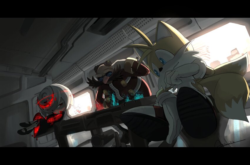 1girl 2boys andoraliix bad_tag blue_eyes chess_piece cityscape crossed_arms dr._eggman dress facial_hair formal_clothes fox_boy gloves glowing glowing_hair goggles goggles_on_head gold_buckle hand_on_own_chin highres indoors mary_janes multicolored_shoes multiple_boys multiple_tails mustache red_dress red_eyes red_shoes red_suit round_eyewear sage_(sonic) shoe_soles shoes sonic_(series) suit table tail tails_(sonic) thick_mustache two-tone_shoes two_tails white_gloves white_hair white_shoes