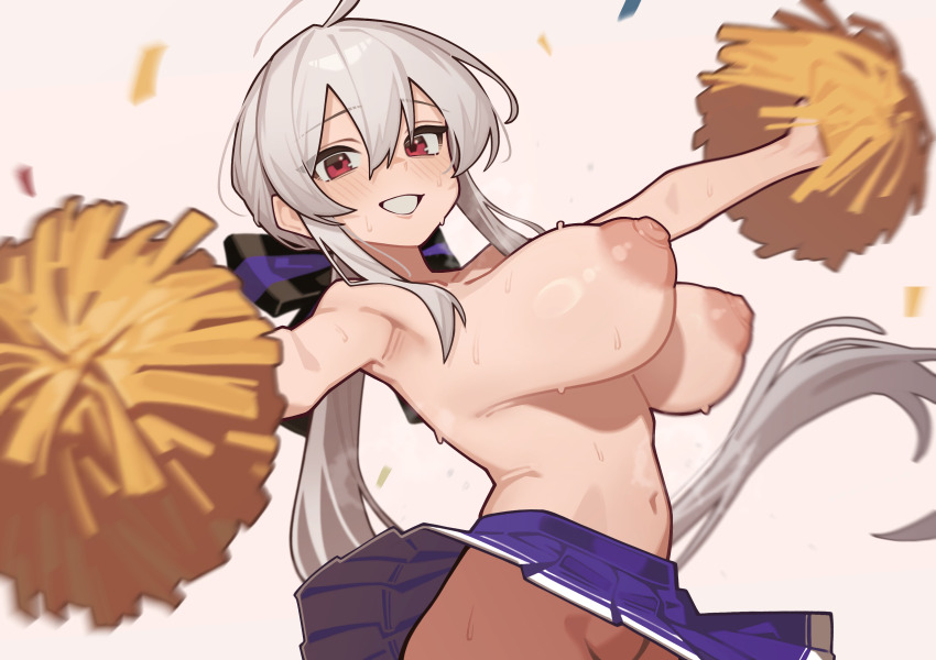 1girl absurdres ahoge armpits blush bouncing_breasts breasts cheerleader commentary commission grey_hair groin hair_between_eyes highres holding holding_pom_poms large_breasts long_hair looking_at_viewer nipples no_panties out-of-frame_censoring outstretched_arms pink_background pixiv_commission pom_pom_(cheerleading) pom_poms ponytail purple_skirt red_eyes simple_background skirt solo sweat symbol-only_commentary topless_female very_sweaty vocaloid wepwawet yowane_haku
