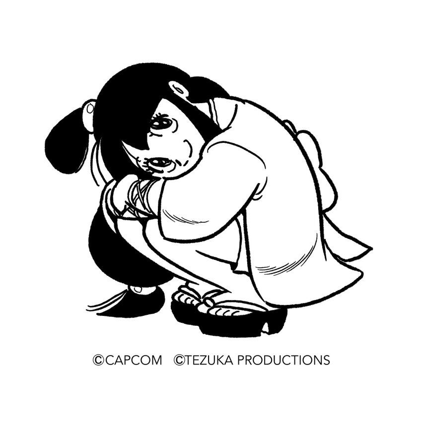 1girl ace_attorney bare_legs black_hair capcom closed_mouth commentary_request company_name copyright_notice criss-cross_straps crossed_arms dress english_text eyelashes half_updo hanten_(clothes) highres japanese_clothes jewelry jpeg_artifacts kimono kimono_dress legs_together long_hair looking_at_viewer low-tied_long_hair low_ponytail magatama magatama_necklace maya_fey monochrome necklace no_socks obi official_art okobo platform_sandals ponytail retro_artstyle sandals sash short_dress short_kimono sidelocks smile solo tezuka_osamu_(style) three-quarter_sleeves toes topknot tsunogai very_long_hair white_background wide_sleeves wrist_straps