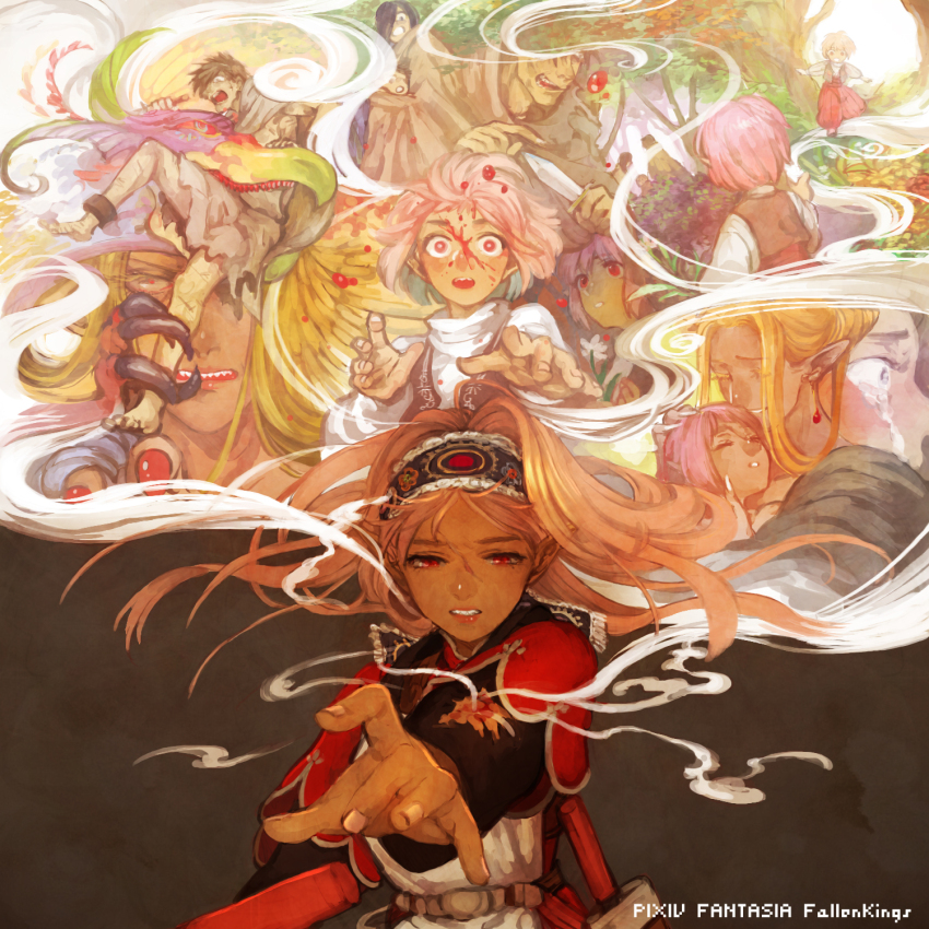2boys 2girls akaneko_(redakanekocat) blood blood_on_arm blood_on_face blood_splatter brown_background brown_hair clenched_teeth commentary_request copyright_name flashback floating_hair frilled_hairband frills hairband highres holding holding_knife injury knife long_hair multiple_boys multiple_girls outstretched_hand pixiv_fantasia pixiv_fantasia_fallen_kings pointy_ears remembering scar scar_on_face sharp_teeth smoke talons teeth