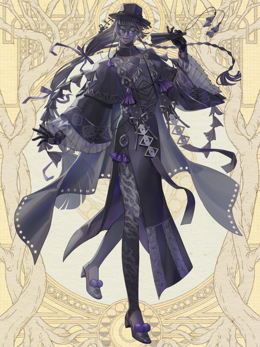 1boy :d bead_necklace beads bell_sleeves black_cape black_gloves black_hair black_hat black_pantyhose black_robe black_shoes black_skin blunt_bangs blunt_ends braid cape changpao chinese_clothes closed_eyes colored_skin dairoku_ryouhei eye_in_palm eye_print eye_symbol eyewear_strap facing_viewer fedora folded_fan folding_fan full_body gloves hair_ribbon hand_fan hand_up hat highres holding holding_fan jewelry long_hair long_sleeves low-tied_long_hair lower_teeth_only male_focus multi-tied_hair necklace onyx_valentine open_mouth pantyhose pom_pom_(clothes) pom_pom_footwear print_gloves purple-tinted_eyewear purple_ribbon ribbon robe round_eyewear shoes side_braid side_slit smile solo standing tassel teeth tinted_eyewear very_amai very_long_hair yaopei yellow_background