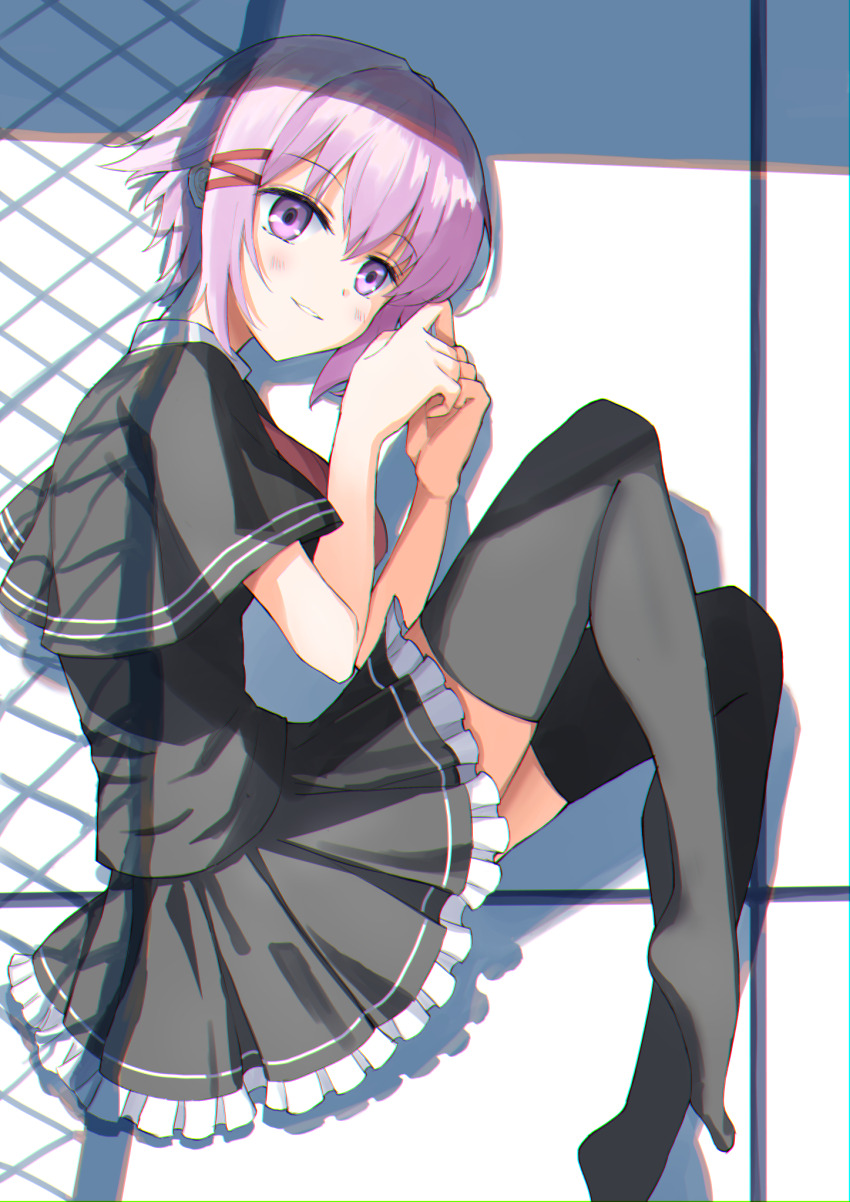 1girl black_capelet black_shirt black_skirt black_thighhighs blush boukensha_c capelet chromatic_aberration commentary_request feet frilled_skirt frills full_body hair_between_eyes hair_ornament hairclip highres knees_up legs looking_at_viewer lying necktie no_shoes on_side otonashi_ayana own_hands_together parted_lips pleated_skirt purple_eyes purple_hair red_necktie school_uniform shirt short_hair sidelocks skirt smile smirk solo thighhighs tsui_no_sora tsui_no_sora_(remake) zettai_ryouiki