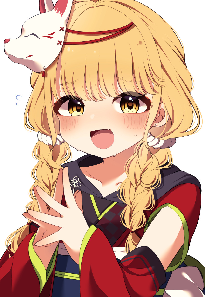 1girl absurdres blonde_hair blush braid collarbone detached_sleeves fang flying_sweatdrops fox_mask fujita_kotone gakuen_idolmaster highres idolmaster kamurogiku_(idolmaster) long_sleeves looking_at_viewer maju_risa mask mask_on_head nervous_smile nervous_sweating obi own_hands_together sash simple_background skin_fang smile solo steepled_fingers sweat twin_braids upper_body white_background yellow_eyes