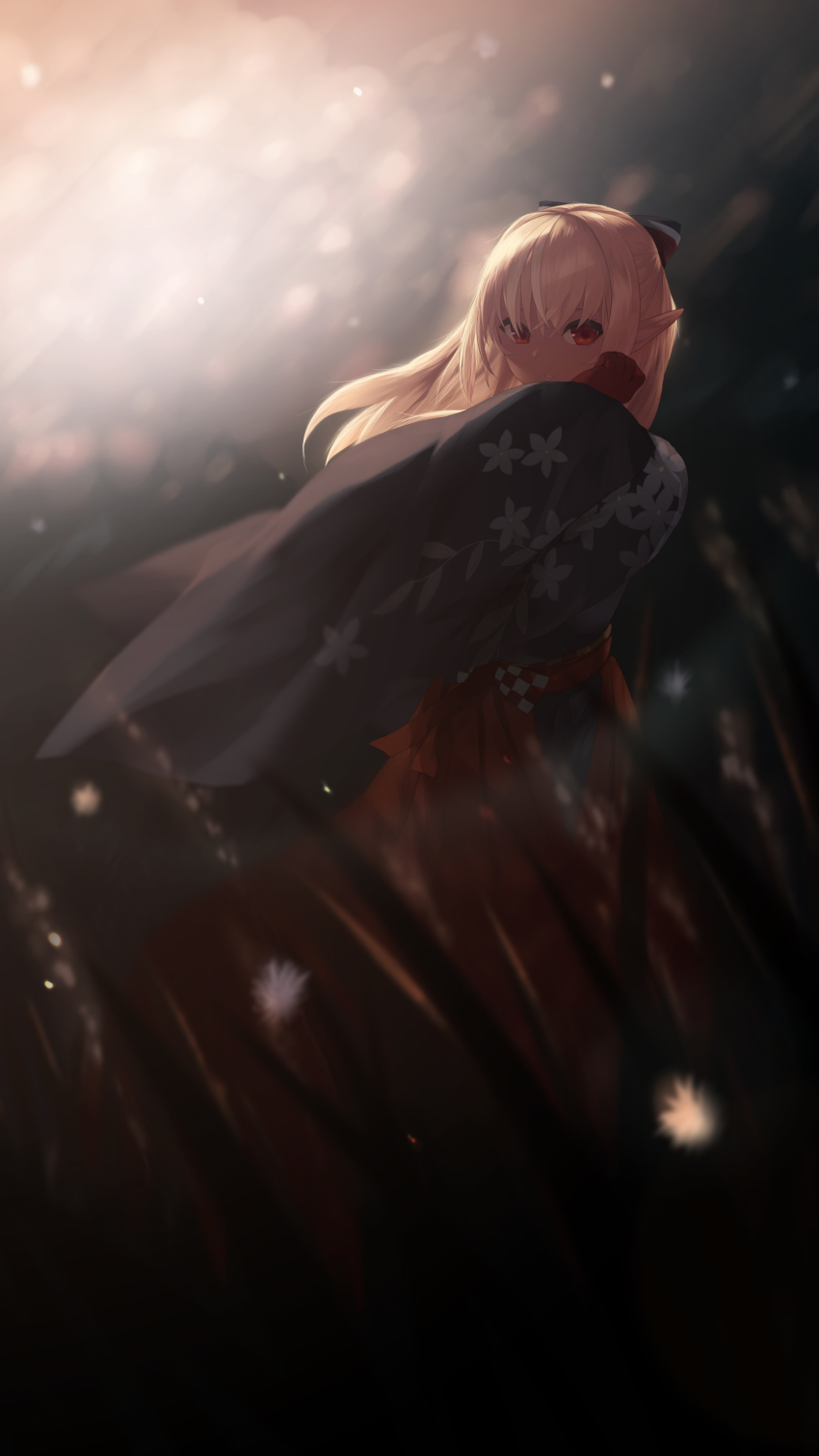 1girl absurdres bad_id bad_pixiv_id blonde_hair blurry blurry_foreground bow cait_aron dark-skinned_female dark_skin depth_of_field eyebrows_hidden_by_hair floral_print hair_between_eyes hair_bow hakama hakama_skirt highres hololive japanese_clothes long_hair parted_lips ponytail red_eyes red_hakama shiranui_flare shiranui_flare_(new_year) skirt solo virtual_youtuber