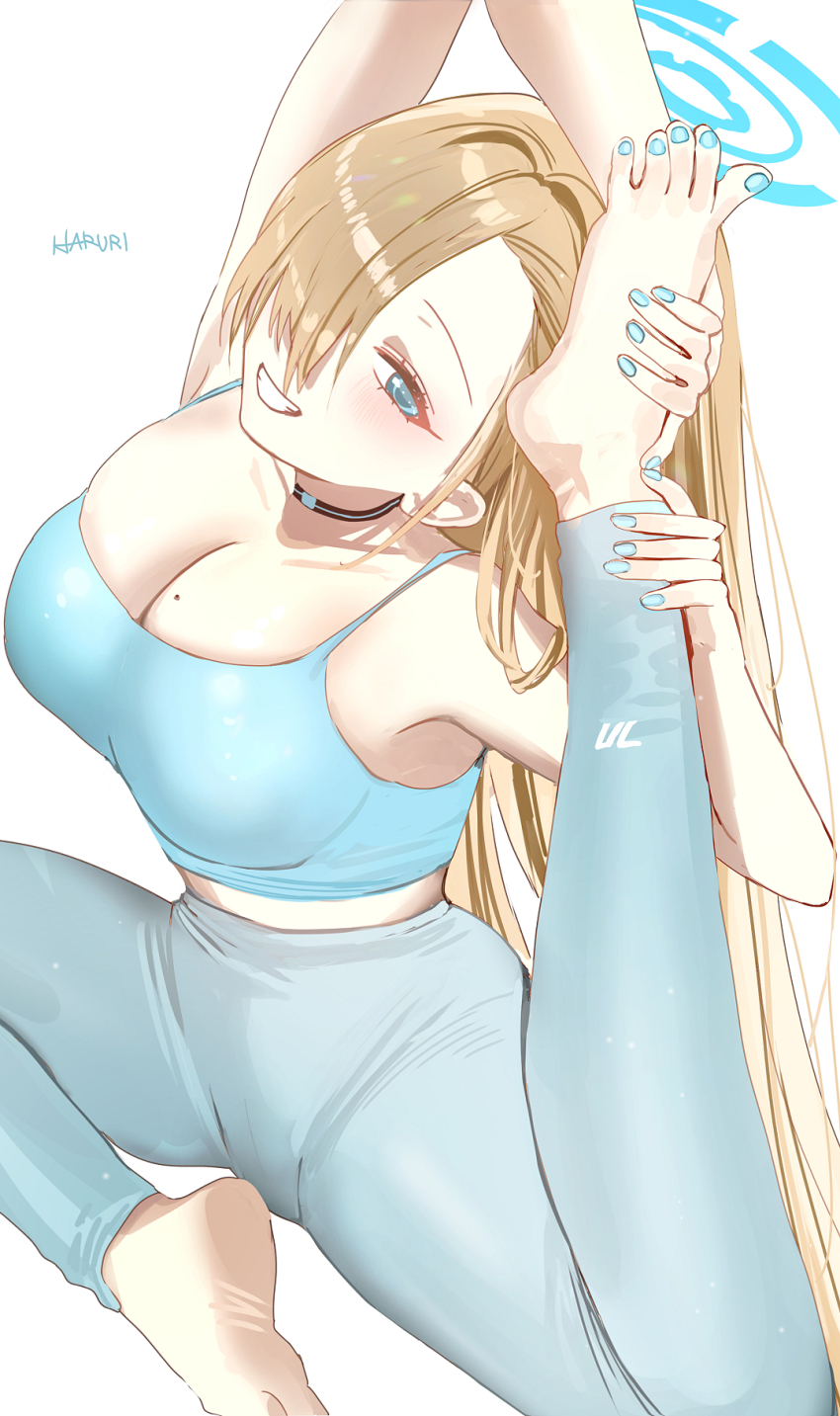 1girl asuna_(blue_archive) bare_shoulders barefoot blue_archive blue_eyes breasts cleavage haruri highres large_breasts light_brown_hair mole mole_on_breast nail_polish simple_background smile solo toenail_polish toenails