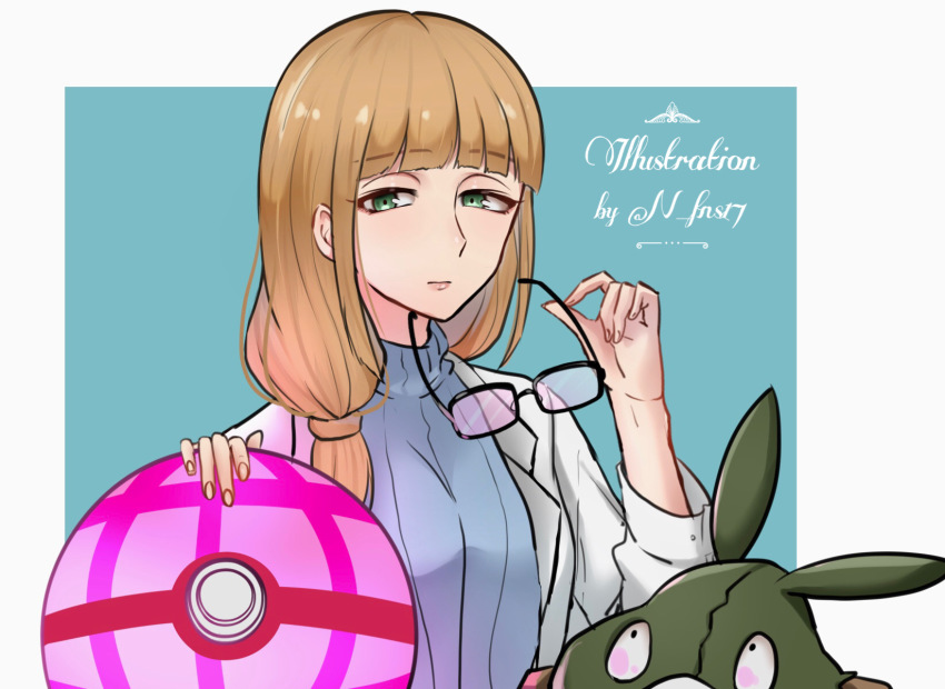1girl aged_down alternate_costume blue_background blue_sweater blunt_bangs border brown_hair coat echizen_(n_fns17) gen_5_pokemon glasses green_eyes hair_over_shoulder highres holding holding_removed_eyewear lab_coat long_hair nintendo oleana_(pokemon) poke_ball pokemon pokemon:_twilight_wings pokemon_(creature) pokemon_swsh ribbed_sweater sweater trubbish turtleneck turtleneck_sweater unworn_eyewear upper_body white_border white_coat