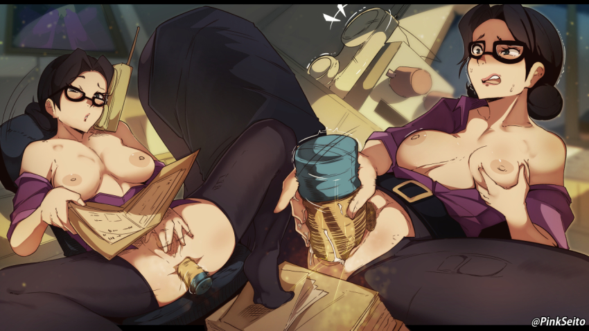 1girl anal anal_object_insertion black-framed_eyewear black_hair black_pantyhose breasts commentary crotchless crotchless_pantyhose dark_areolae dildo english_commentary female_masturbation glasses grabbing_own_breast hair_bun inverted_nipples large_breasts masturbation miss_pauling no_bra no_panties object_insertion off_shoulder open_clothes open_shirt orphen_(pink_seito) pantyhose purple_shirt pussy pussy_juice rabbit_vibrator reading reclining sex_toy shirt short_hair single_hair_bun skirt skirt_around_one_leg solo spread_legs talking_on_phone team_fortress_2 tiptoes torn_clothes torn_pantyhose uncensored updo vaginal vaginal_object_insertion vibrator walkie-talkie wide_spread_legs