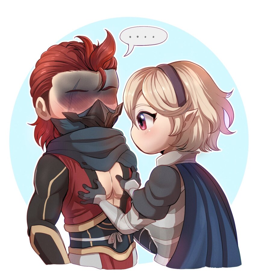 1boy 1girl armor black_gloves blonde_hair female_corrin_(fire_emblem) evomanaphy fire_emblem fire_emblem_fates gloves grabbing_another&#039;s_breast groping highres japanese_armor japanese_clothes mask mouth_mask ninja ninja_mask nintendo red_eyes red_hair saizo_(fire_emblem) scar scar_across_eye scar_on_face