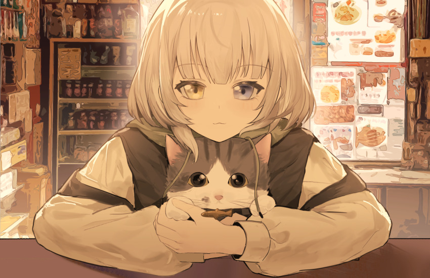 1girl anli_(jwcpp4sum0mgk5r) bang_dream! bang_dream!_it&#039;s_mygo!!!!! blue_eyes cat commentary heterochromia highres indoors kaname_raana long_sleeves looking_at_viewer raana_the_cat shelf short_hair smile solo white_hair yellow_eyes