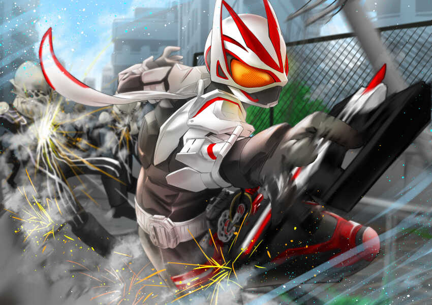 1boy absurdres animal_ears armor atu_(fuji_atu66) black_bodysuit bodysuit boost_buckle commentary desire_driver rider_belt fighting fox fox_ears fox_mask gloves gun highres holding holding_gun holding_weapon jamato_(kamen_rider_geats) kamen_rider kamen_rider_geats kamen_rider_geats_(series) kitsune magnum_boost magnum_buckle magnum_shooter_40x male_focus mask monster scarf tokusatsu weapon white_armor yellow_eyes