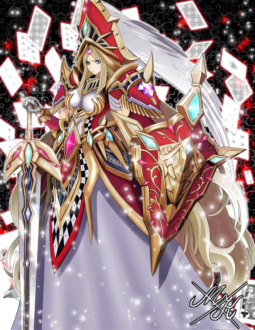 1girl ace_(playing_card) ace_of_spades arcana_triumph_joker armor armored_dress black_background blonde_hair breasts card checkered_clothes club_(shape) dress duel_monster forehead_jewel gem hair_ornament heart heart_hair_ornament helmet highres holding holding_shield mukro0922 pauldrons playing_card playing_card_theme red_helmet shield shoulder_armor signature spade_(shape) spiked_pauldrons sword weapon white_dress yu-gi-oh!