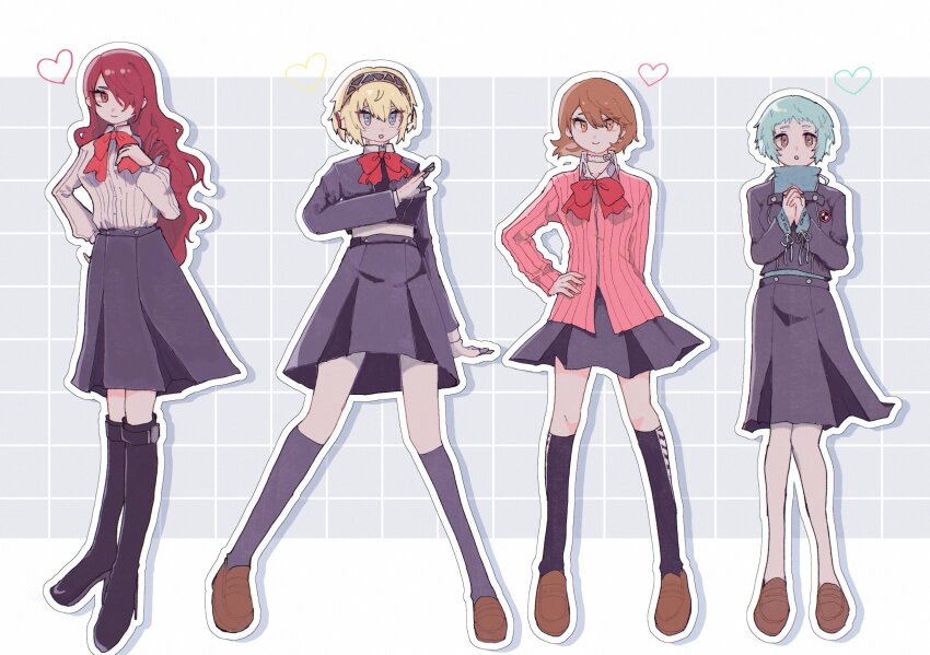 4girls aigis_(persona) android aqua_hair arm_behind_back black_boots black_jacket black_skirt black_socks blonde_hair blue_eyes boots bow bowtie brown_eyes brown_hair brown_shoes cardigan choker closed_mouth collared_shirt commentary flipped_hair full_body hair_over_one_eye hand_on_own_hip heart heart_choker hiesashimi highres jacket kirijou_mitsuru knee_boots kneehighs long_hair long_sleeves looking_at_viewer miniskirt multiple_girls own_hands_together pantyhose persona persona_3 pink_cardigan pleated_skirt red_bow red_bowtie red_eyes red_hair ribbed_cardigan shirt shoes short_hair skirt smile socks standing symbol-only_commentary takeba_yukari white_choker white_pantyhose white_shirt yamagishi_fuuka