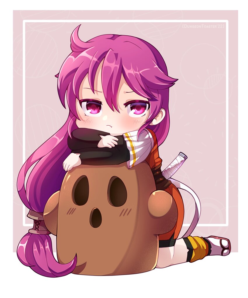 1girl absurdres blush closed_mouth commentary dungeon_toaster full_body grey_background haniwa_(statue) highres kentou_kanami kneeling long_hair long_sleeves purple_eyes purple_hair rance_(series) sandals solo symbol-only_commentary