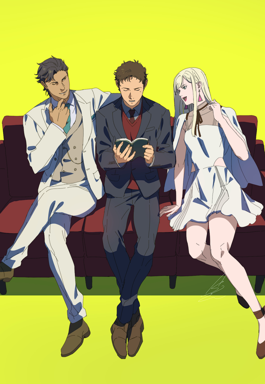 1girl 2boys :d ;d artist_name black_hair blonde_hair book brown_hair brown_ribbon brown_shoes brown_vest cape closed_eyes collared_shirt commentary couch crossed_legs dark-skinned_male dark_skin dress earrings fingernails full_body gigi_andalusia green_background green_eyes green_necktie grey_shirt grin gundam gundam_hathaway&#039;s_flash hand_rest hand_up hathaway_noa highres hip_vent holding holding_book jacket jewelry kenneth_sleg lapels lipstick long_hair long_sleeves makeup multiple_boys neck_ribbon necktie notched_lapels one_eye_closed open_clothes open_jacket open_mouth orange_eyes pants peaked_lapels reading red_lips red_necktie red_sweater_vest ribbon shibuki_kamone shirt shoes short_hair sidelocks signature simple_background sitting sleeveless sleeveless_dress smile sweater_vest tie_clip triangle_earrings vest white_cape white_dress white_jacket white_pants white_shirt wing_collar