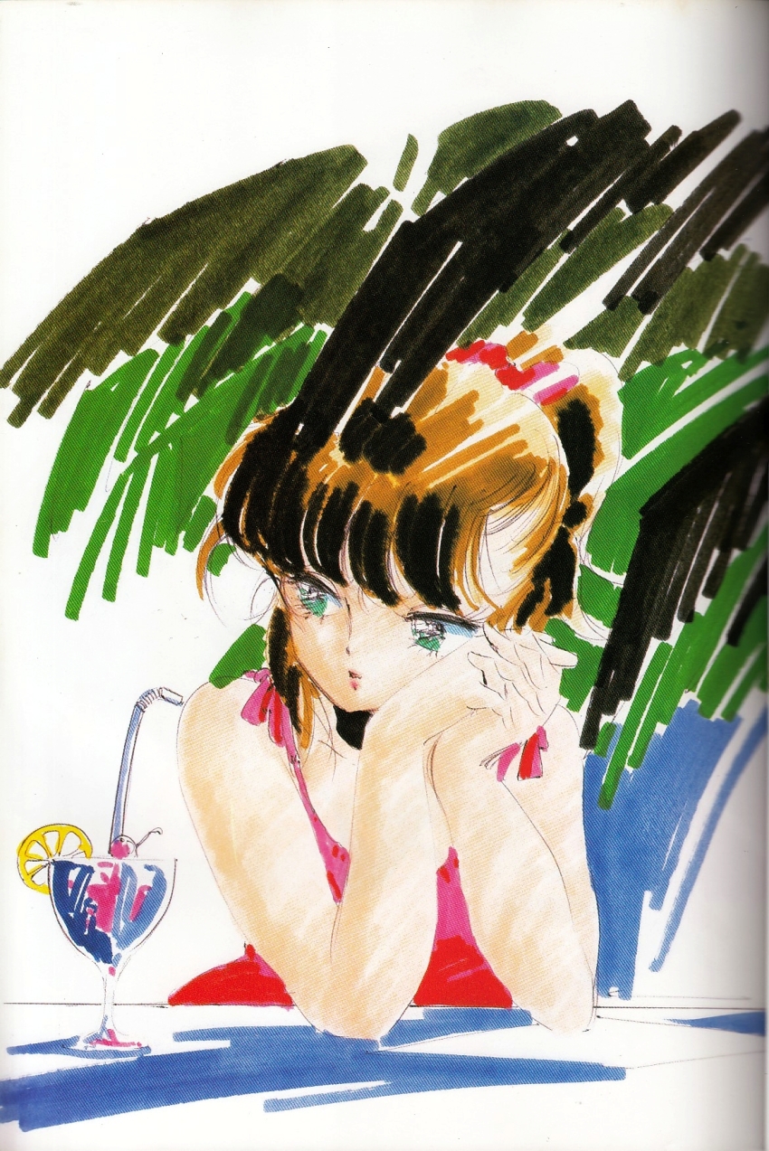 1980s_(style) 1girl brown_hair cocktail cream_lemon dress drink drinking_straw escalation green_eyes highres marker_(medium) non-web_source official_art oldschool oomori_midori palm_leaf parted_lips pink_dress retro_artstyle scan shingyouji_tatsuya solo traditional_media upper_body