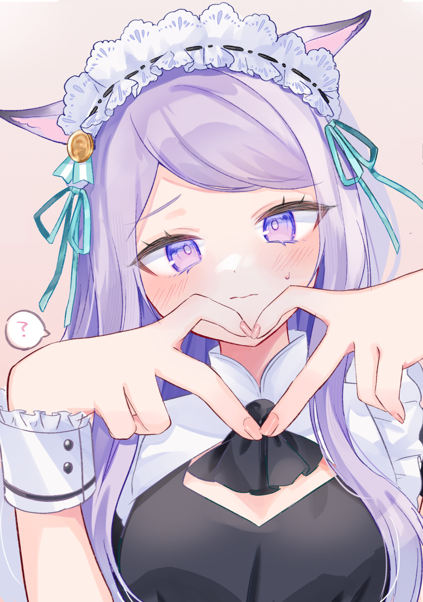 1girl ? animal_ear_fluff animal_ears black_dress blush brown_background closed_mouth commentary_request dress hands_up heart heart_hands highres horse_ears looking_at_viewer meadow mejiro_mcqueen_(umamusume) moko_(mokochisa) nail_polish pink_nails purple_eyes purple_hair solo spoken_question_mark sweat swept_bangs umamusume upper_body wrist_cuffs