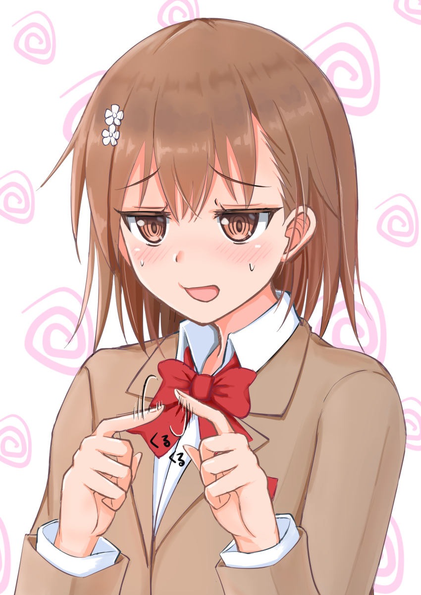 1girl 3535mb blazer blush bow bowtie brown_eyes brown_hair brown_jacket collared_shirt commentary_request flower hair_flower hair_ornament highres jacket long_sleeves misaka_mikoto open_mouth red_bow red_bowtie ringed_eyes school_uniform shirt short_hair solo toaru_kagaku_no_railgun toaru_majutsu_no_index upper_body white_shirt