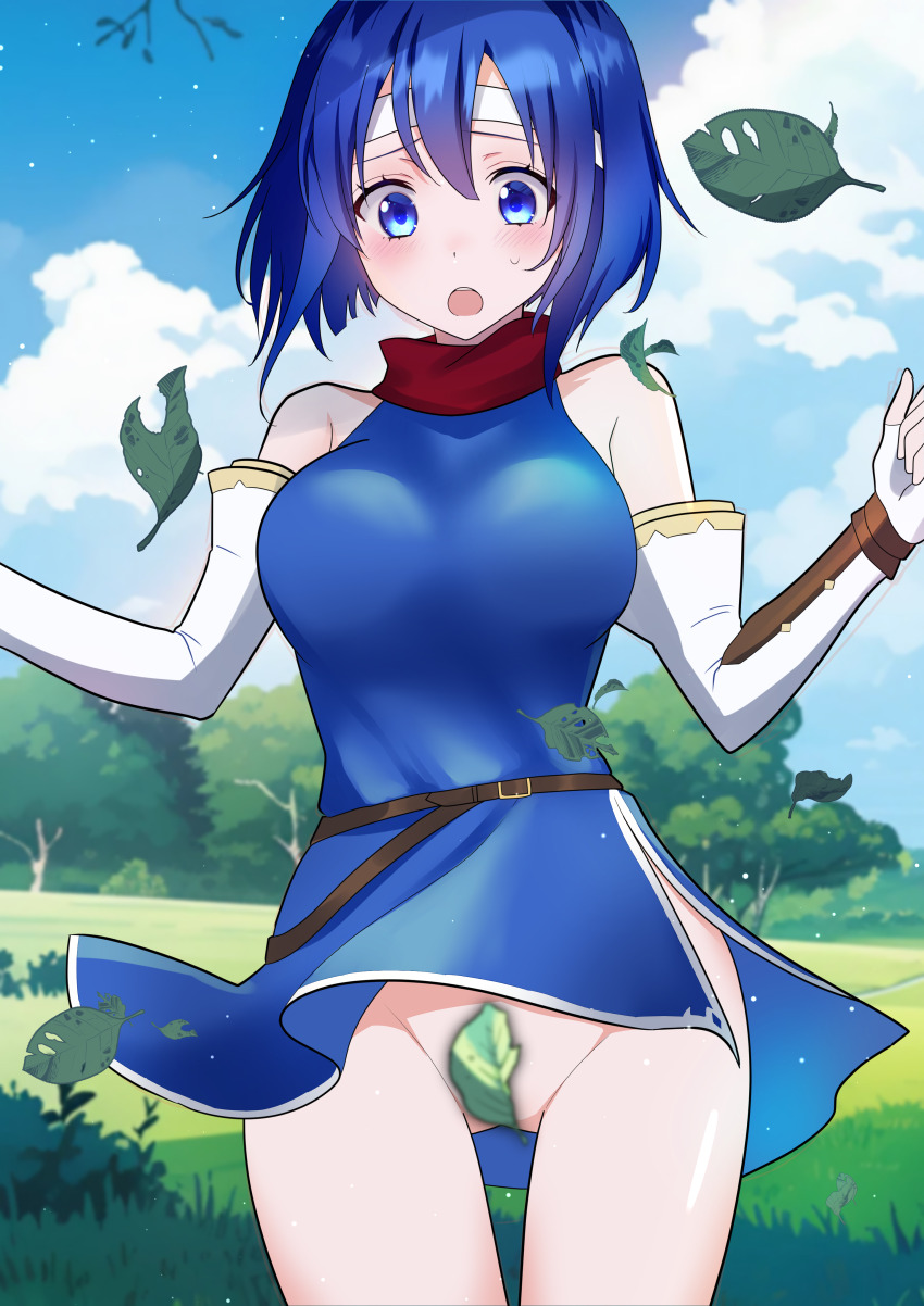 1girl absurdres armpit_crease azusa_(azchemist63) bare_shoulders blue_dress blue_eyes blue_hair blue_sky blush bottomless breasts catria_(fire_emblem) cloud commission convenient_censoring detached_sleeves dress field fire_emblem fire_emblem:_mystery_of_the_emblem gluteal_fold groin headband highres leaf medium_breasts nintendo no_panties open_mouth outdoors pixiv_commission short_dress short_hair sky sleeveless sleeveless_dress solo sweatdrop white_headband