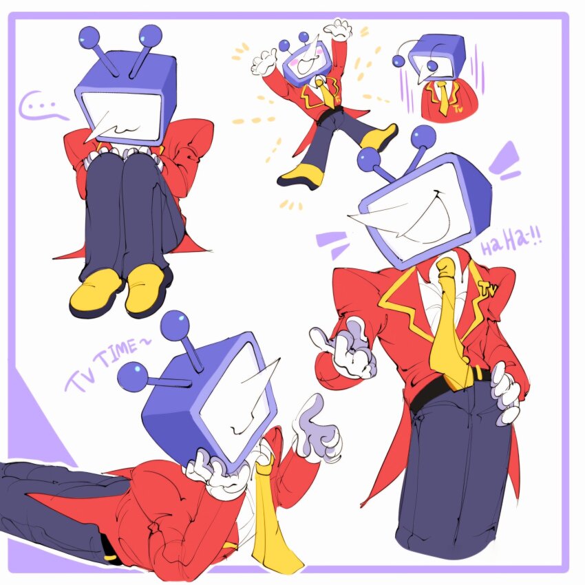 ... 1boy ant_tenna blush_stickers commentary crt deltarune english_commentary gloves grey_pants hand_on_own_hip hands_on_own_knees highres lying male_focus minteutokki1 multiple_views necktie object_head on_stomach pants pointy_nose shoes sitting smile spoken_ellipsis tailcoat white_gloves yellow_necktie yellow_shoes
