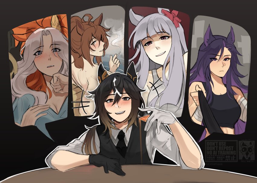5girls alcohol asymmetrical_gloves bandaged_arm bandages black_gloves black_hair black_sweater_vest blush breasts cigarette cleavage commentary cup de_laroche_(racehorse) dear_wink_(racehorse) drinking_glass drunk empty_eyes english_commentary gloves heart heart-shaped_pupils highres image_in_speech_bubble lucesamaaa medium_breasts mismatched_gloves multicolored_hair multiple_girls necktie nude orange_hair oriental_art_(racehorse) point_flag_(racehorse) purple_hair scar scar_on_face shirt shot_glass sleeves_rolled_up smoke smoking stay_gold_(umamusume) sweater_vest symbol-shaped_pupils two-tone_hair umamusume water white_gloves white_hair white_shirt