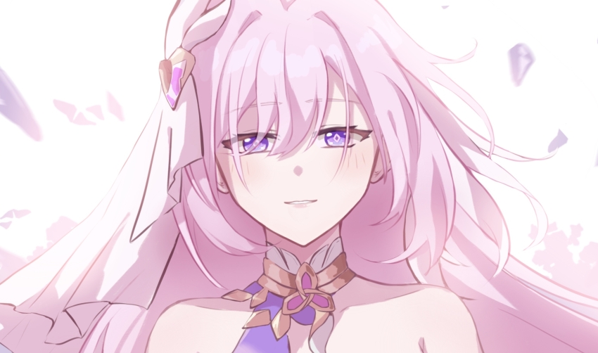 1girl bare_shoulders chinese_commentary crystal_shards diamond-shaped_pupils diamond_(shape) elysia_(herrscher_of_human:_ego)_(honkai_impact) elysia_(honkai_impact) faber_fubei highres honkai_(series) honkai_impact_3rd long_hair looking_at_viewer parted_lips pink_hair portrait purple_eyes solo symbol-shaped_pupils triquetra veil very_long_hair white_background white_veil